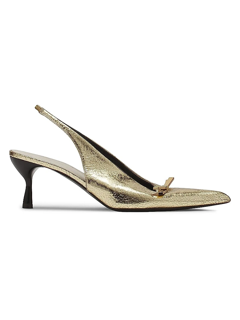 Bow Slingback Pumps in Crackled Metallic Leather