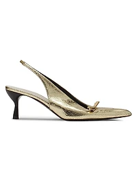 Bow Slingback Pumps in Crackled Metallic Leather