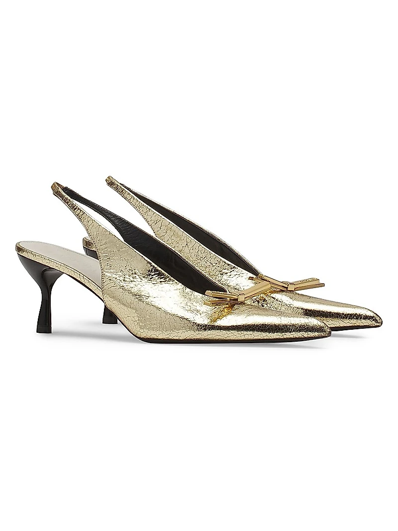 Bow Slingback Pumps in Crackled Metallic Leather
