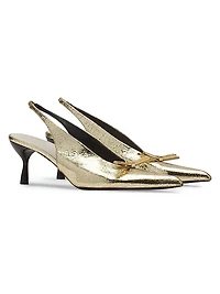 Bow Slingback Pumps in Crackled Metallic Leather