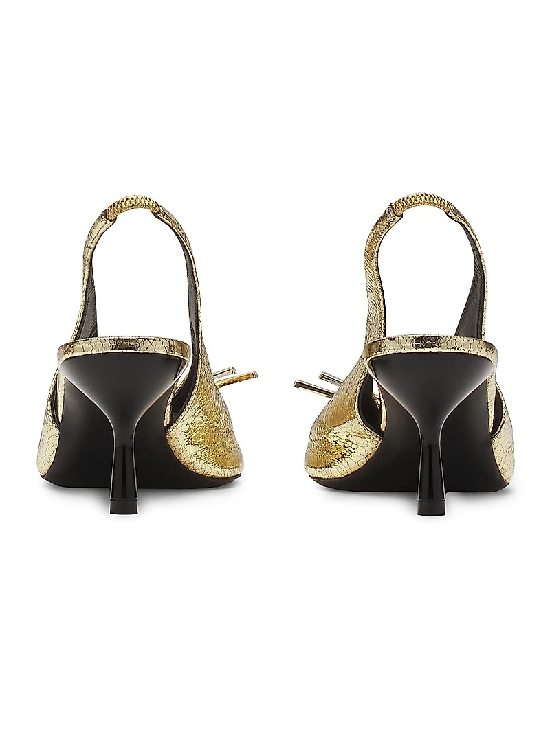 Bow Slingback Pumps in Crackled Metallic Leather