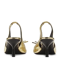Bow Slingback Pumps in Crackled Metallic Leather