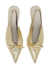 Bow Slingback Pumps in Crackled Metallic Leather