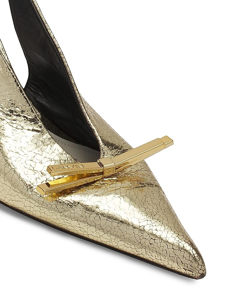 Bow Slingback Pumps in Crackled Metallic Leather