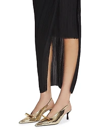 Bow Slingback Pumps in Crackled Metallic Leather