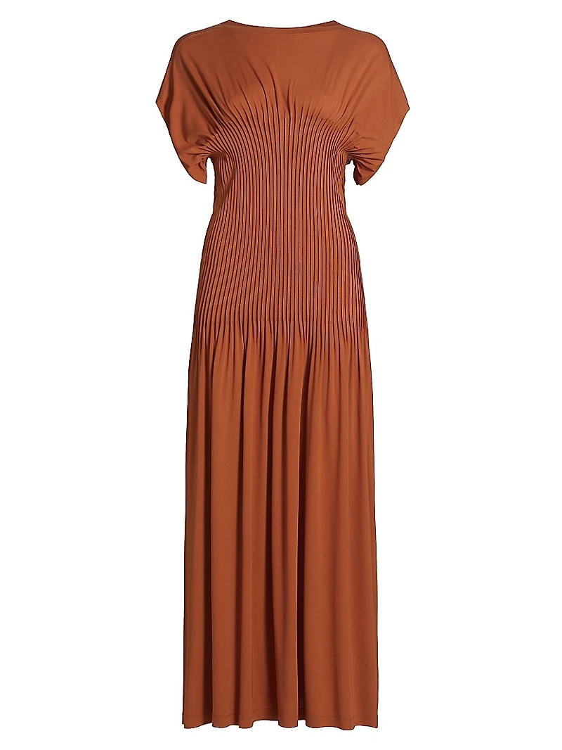 Jersey Pleated Cap-Sleeve Maxi Dress