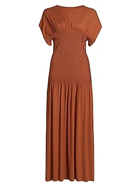 Jersey Pleated Cap-Sleeve Maxi Dress