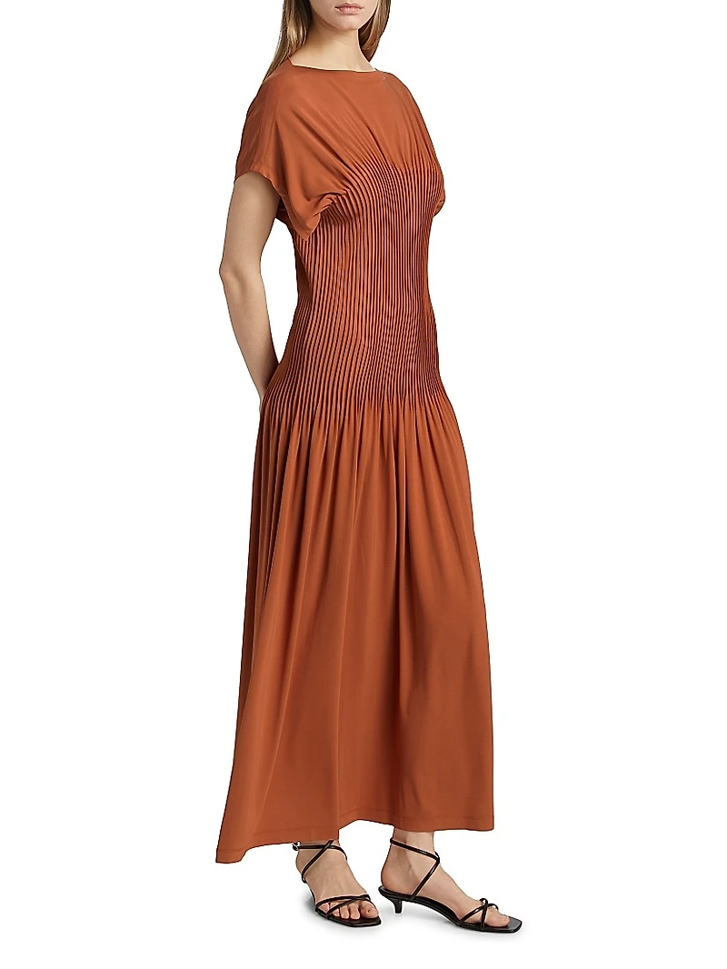Jersey Pleated Cap-Sleeve Maxi Dress