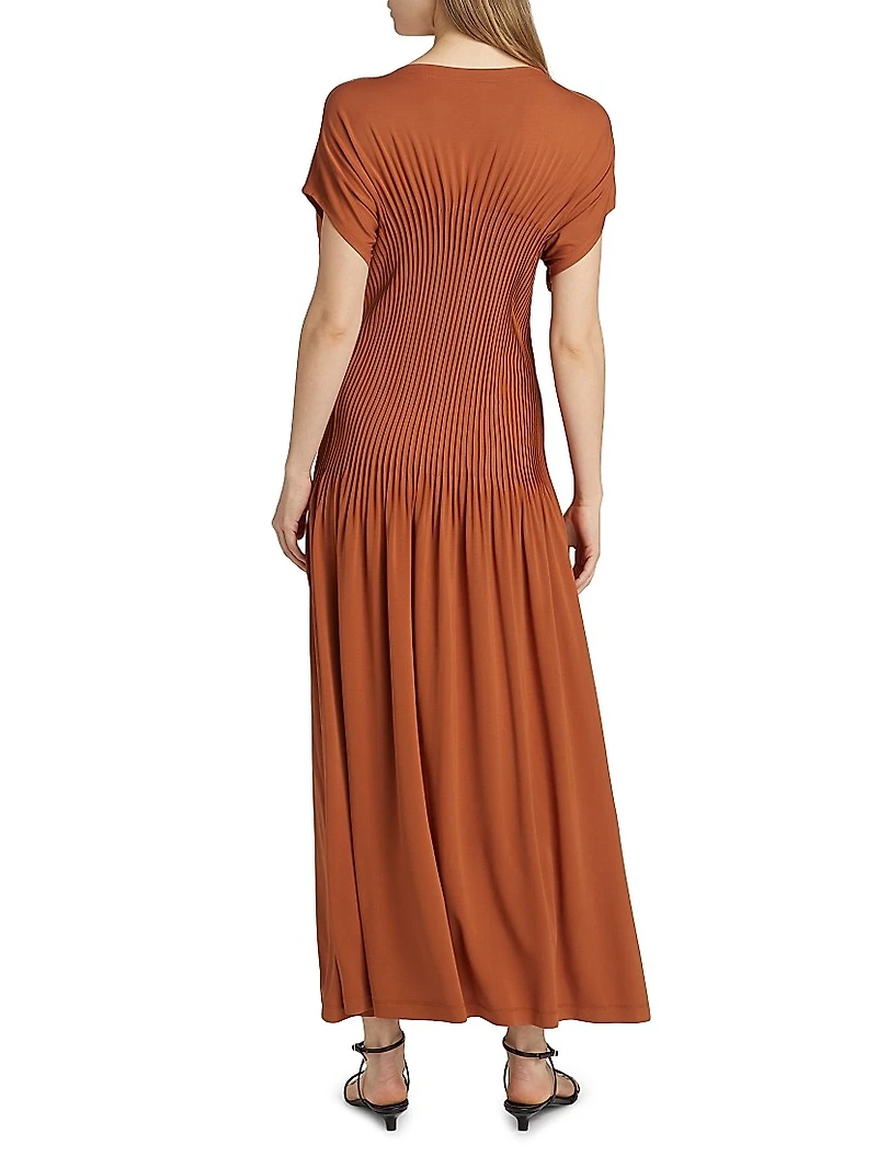 Jersey Pleated Cap-Sleeve Maxi Dress