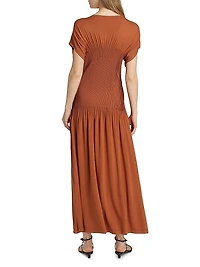Jersey Pleated Cap-Sleeve Maxi Dress
