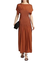 Jersey Pleated Cap-Sleeve Maxi Dress