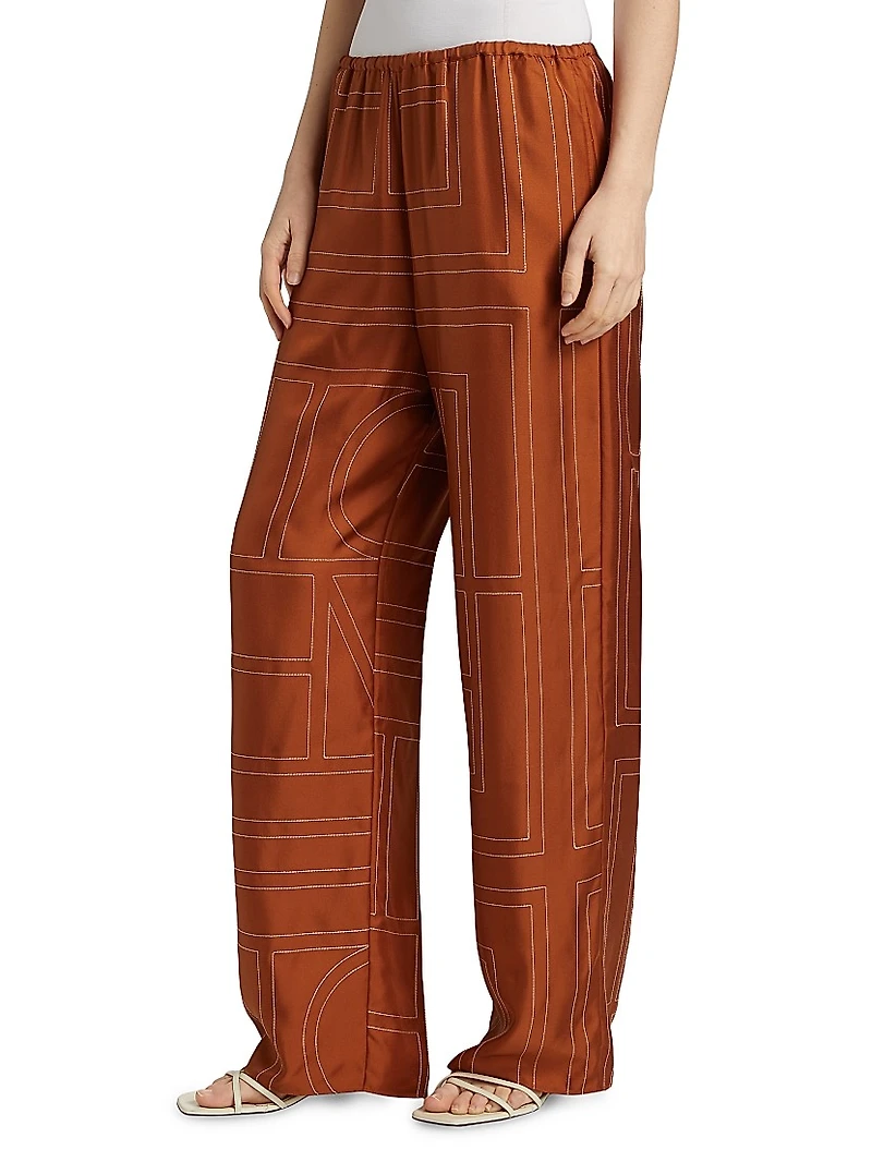Embroidered Silk Pajama-Inspired Pants