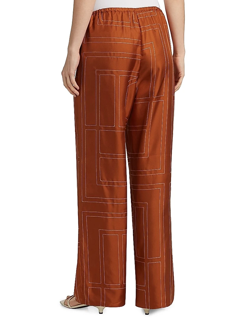 Embroidered Silk Pajama-Inspired Pants