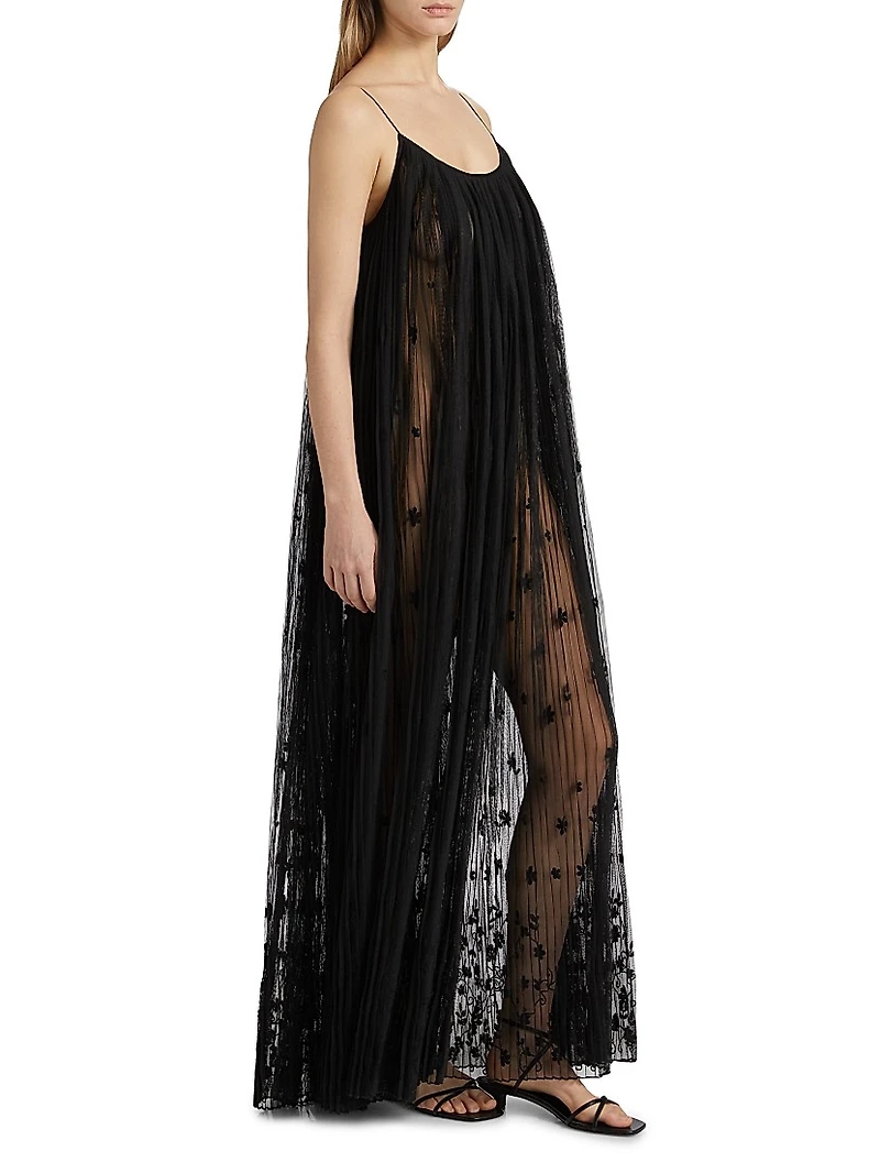 Embroidered-Floral Plissé Tulle Maxi Dress