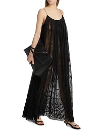 Embroidered-Floral Plissé Tulle Maxi Dress