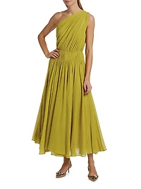 Drew Draped Silk One-Shoulder Midi-Dress