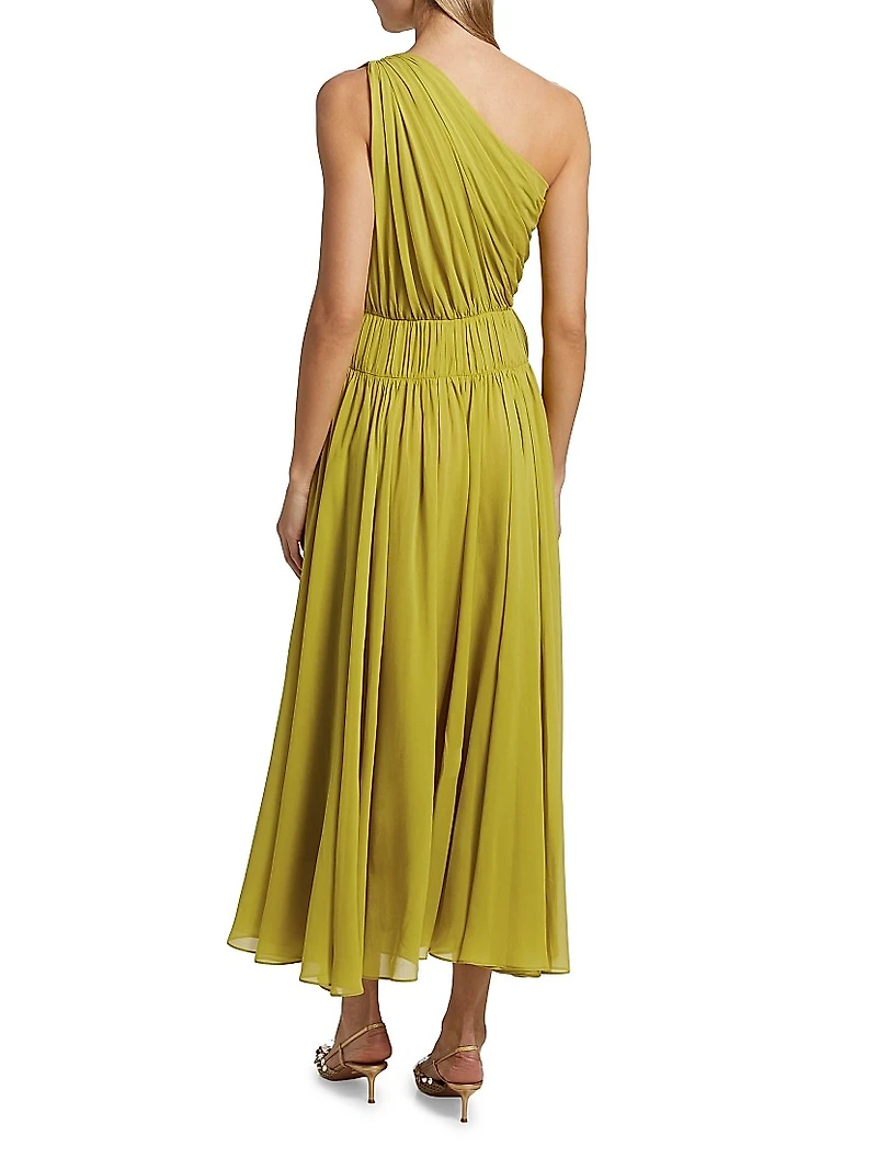 Drew Draped Silk One-Shoulder Midi-Dress