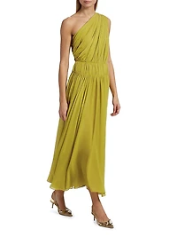 Drew Draped Silk One-Shoulder Midi-Dress