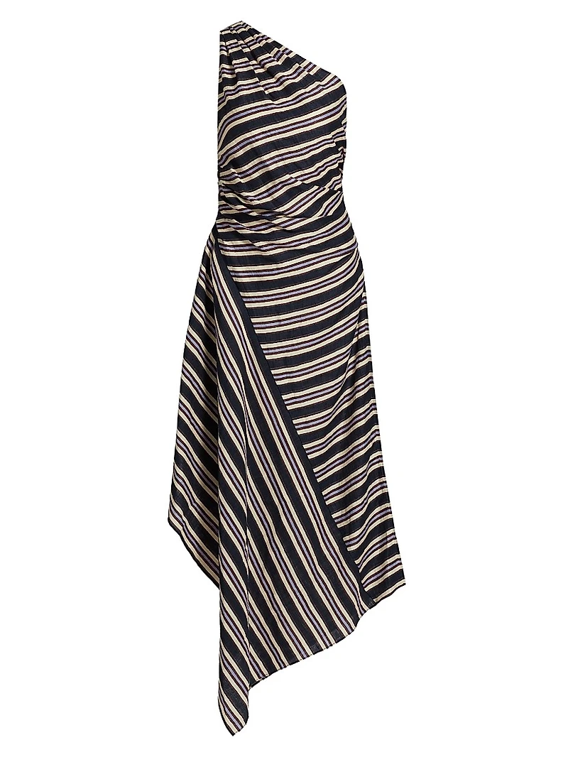 Lyn Striped Linen-Blend One-Shoulder Midi-Dress