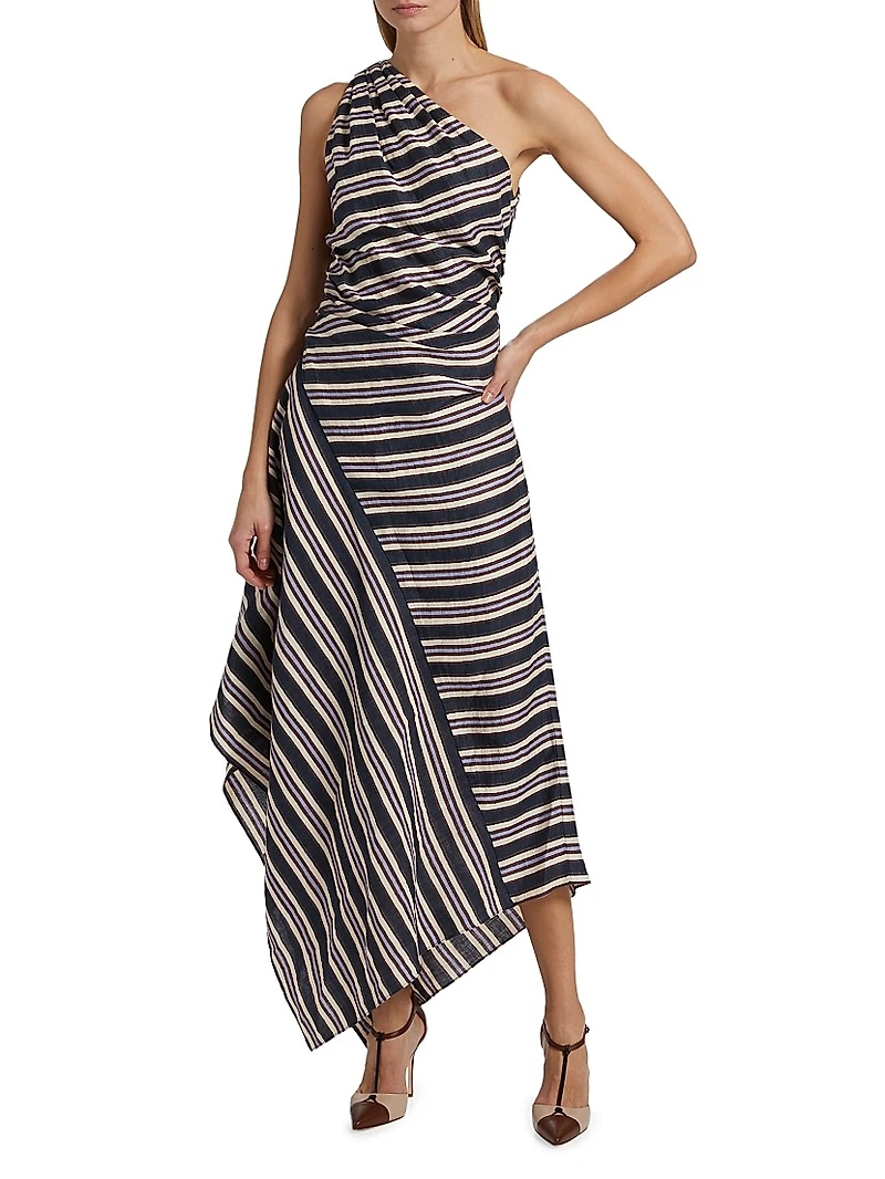 Lyn Striped Linen-Blend One-Shoulder Midi-Dress