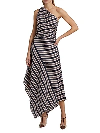 Lyn Striped Linen-Blend One-Shoulder Midi-Dress