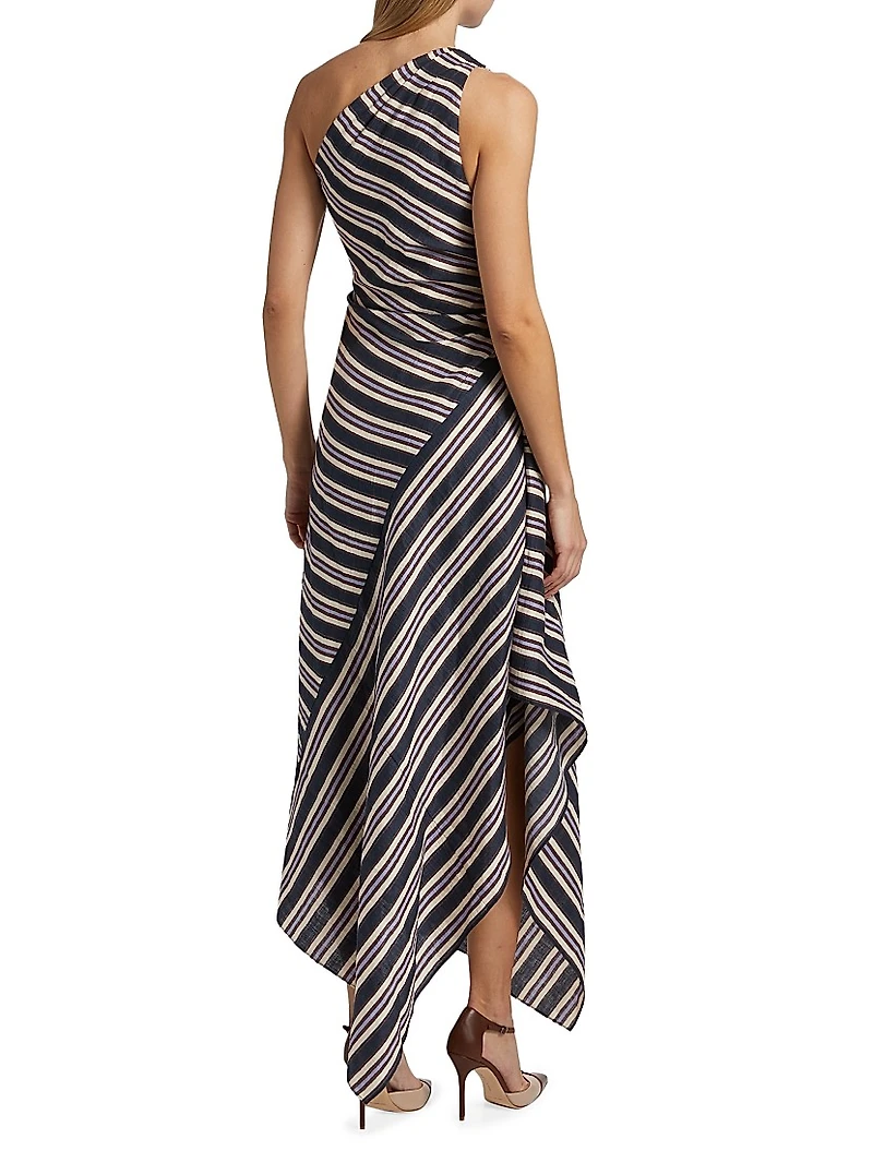 Lyn Striped Linen-Blend One-Shoulder Midi-Dress
