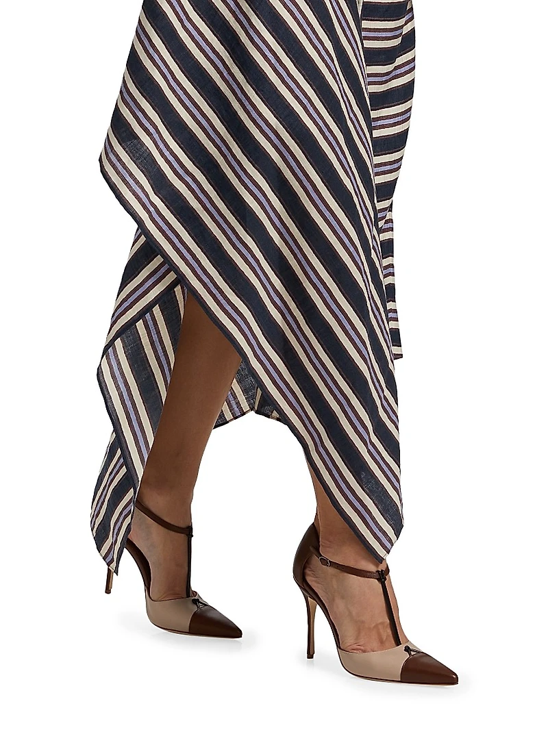 Lyn Striped Linen-Blend One-Shoulder Midi-Dress
