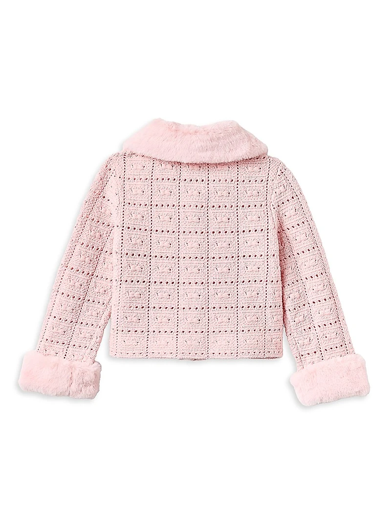 Little Girl's & Textured Knit Faux Fur Cardigan