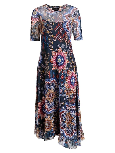 Printed Asymmetric Mesh Midi-Dress