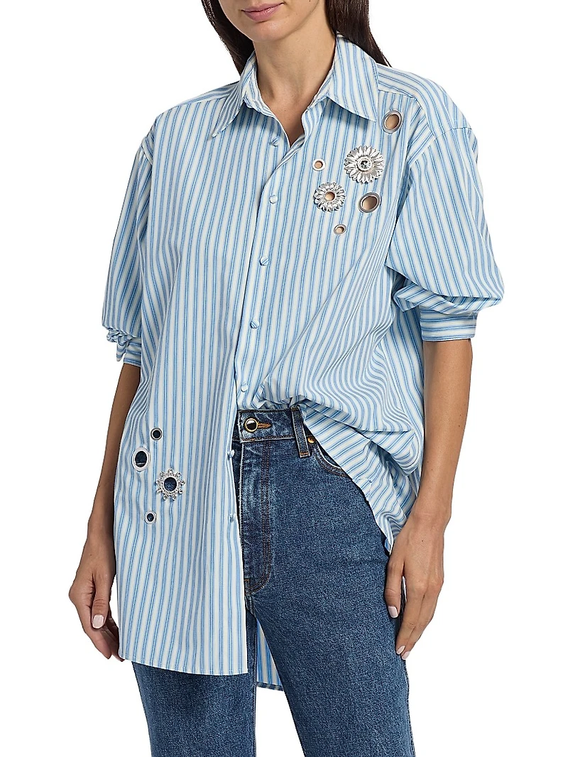 Crystal Grommet Striped Poplin Shirt