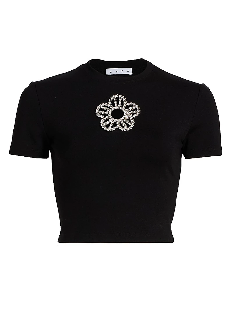 Crystal-Embellished Flower Crop T-Shirt