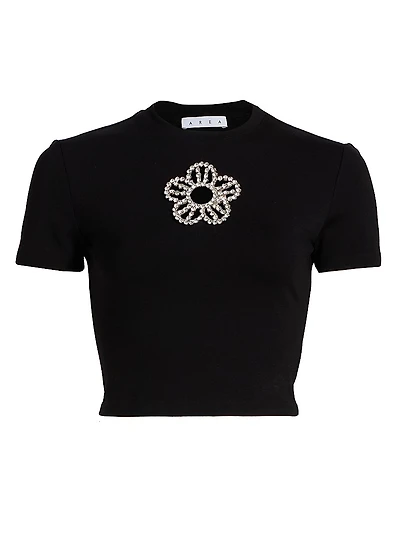 Crystal-Embellished Flower Crop T-Shirt