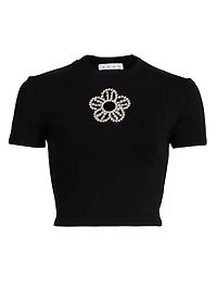 Crystal-Embellished Flower Crop T-Shirt