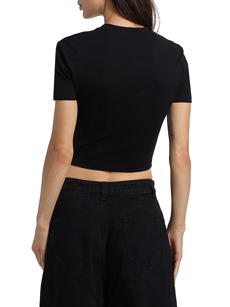 Crystal-Embellished Flower Crop T-Shirt