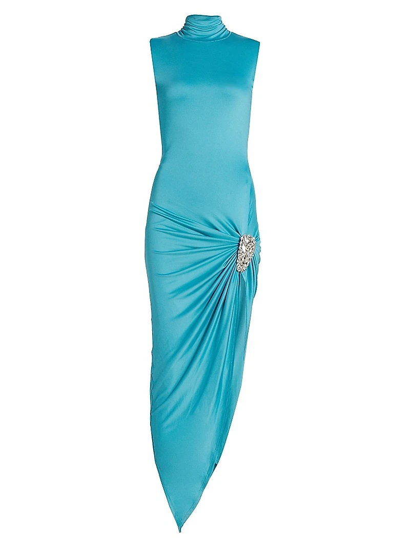 Draped Crystal Cluster Midi-Dress