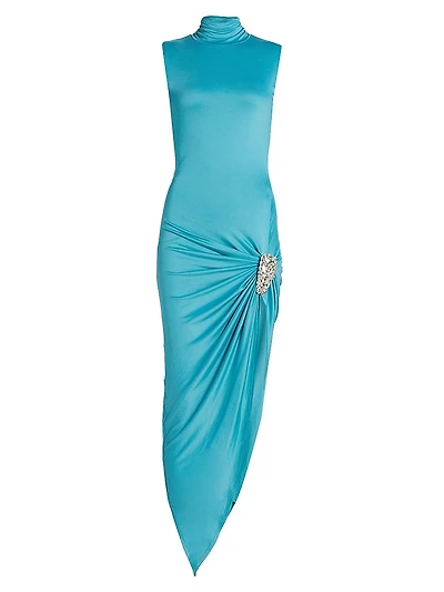 Draped Crystal Cluster Midi-Dress
