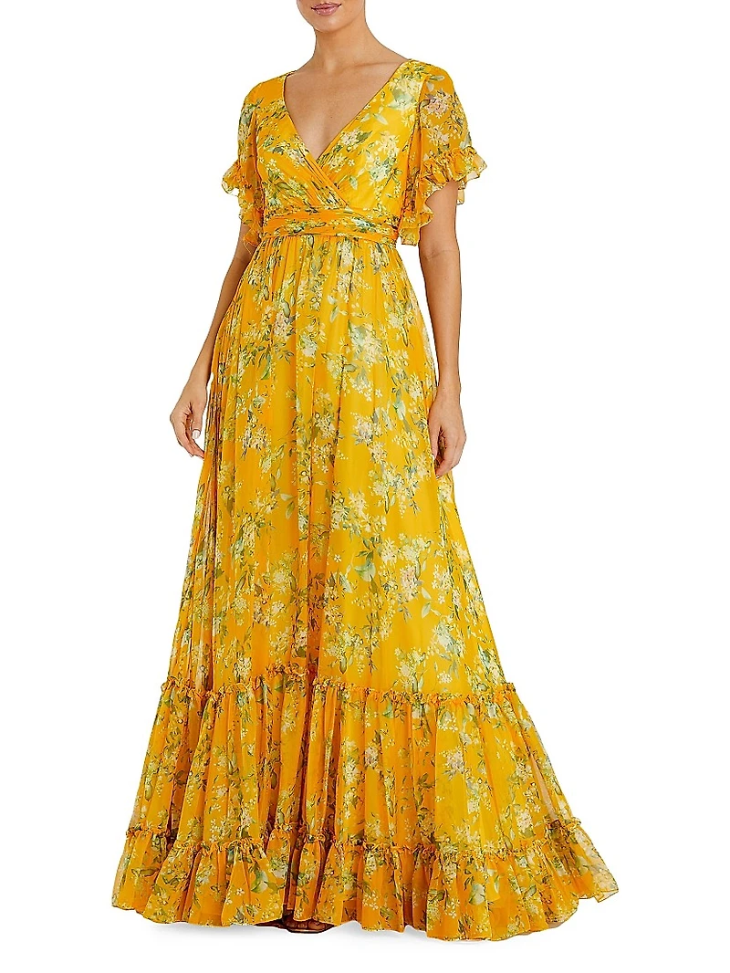 Floral Flounce Sleeve Maxi Dress