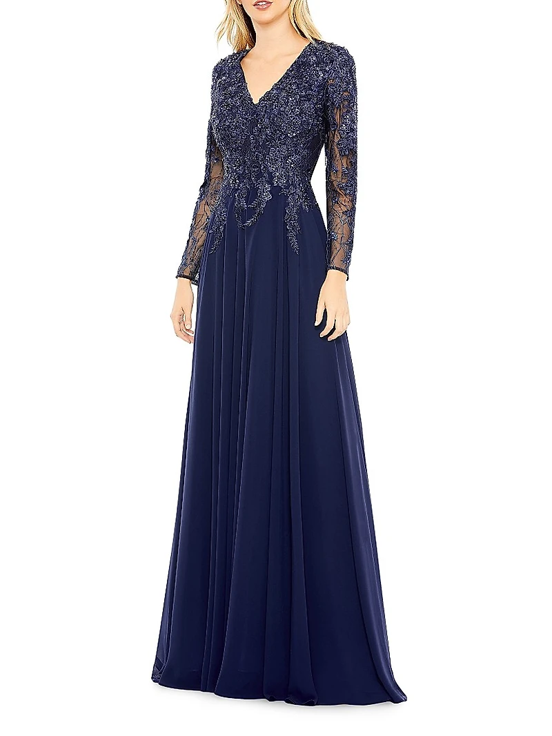 Embellished Illusion V-Neck Gown