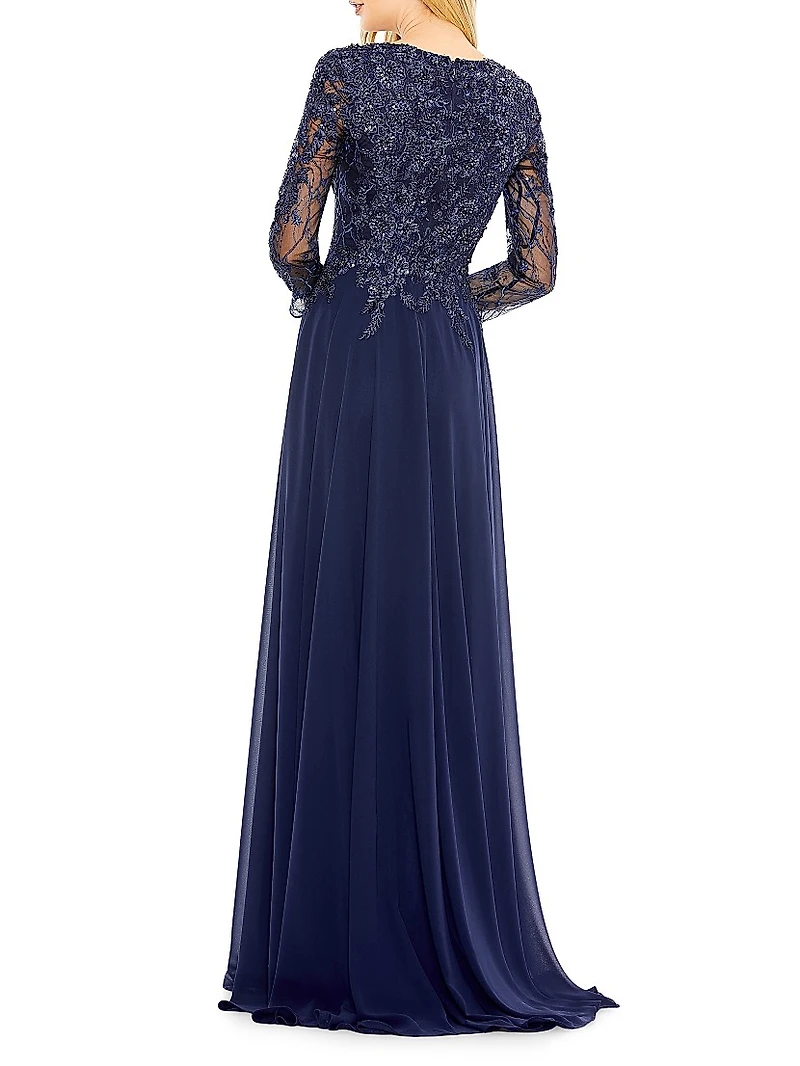 Embellished Illusion V-Neck Gown