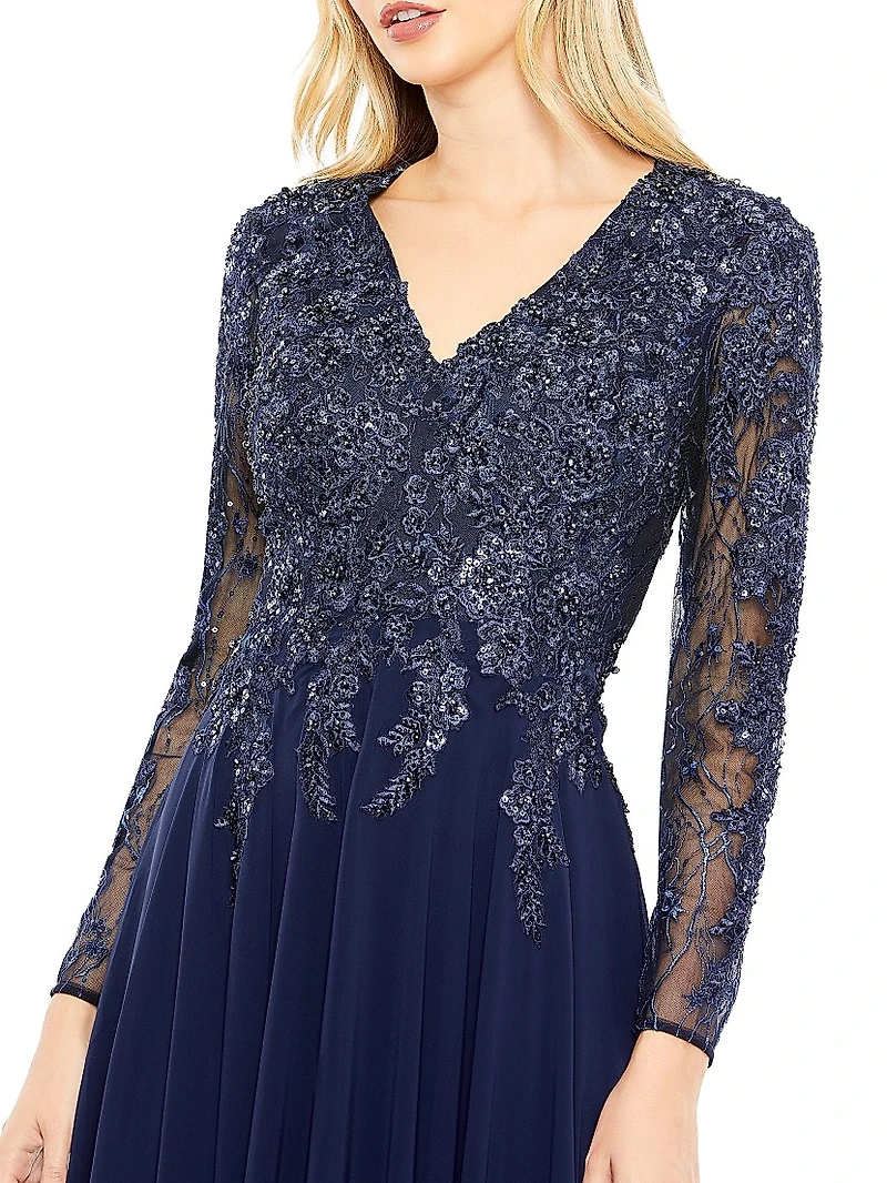 Embellished Illusion V-Neck Gown