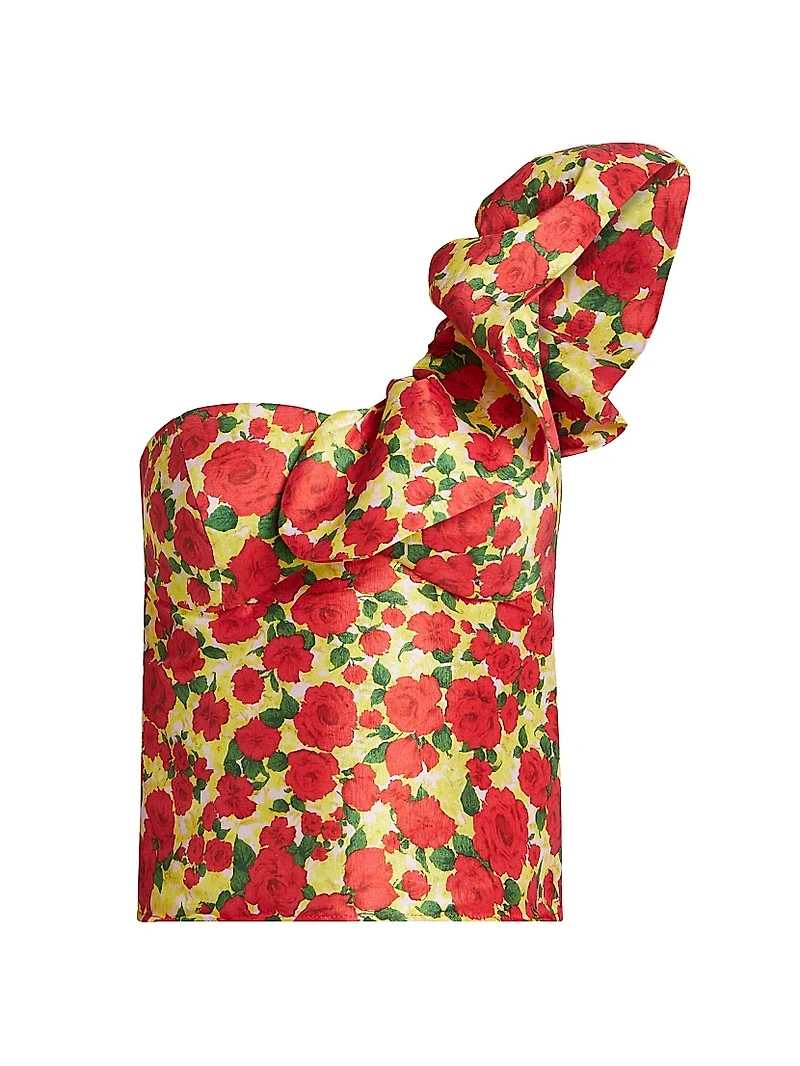 Yazmeen Rose Print Taffeta One-Shoulder Top