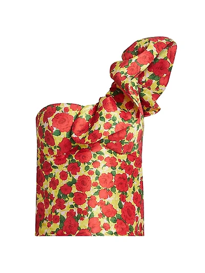 Yazmeen Rose Print Taffeta One-Shoulder Top