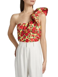 Yazmeen Rose Print Taffeta One-Shoulder Top