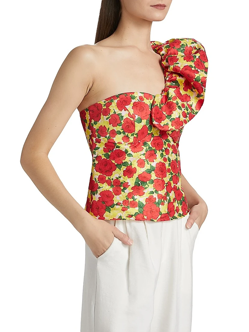 Yazmeen Rose Print Taffeta One-Shoulder Top