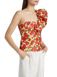 Yazmeen Rose Print Taffeta One-Shoulder Top