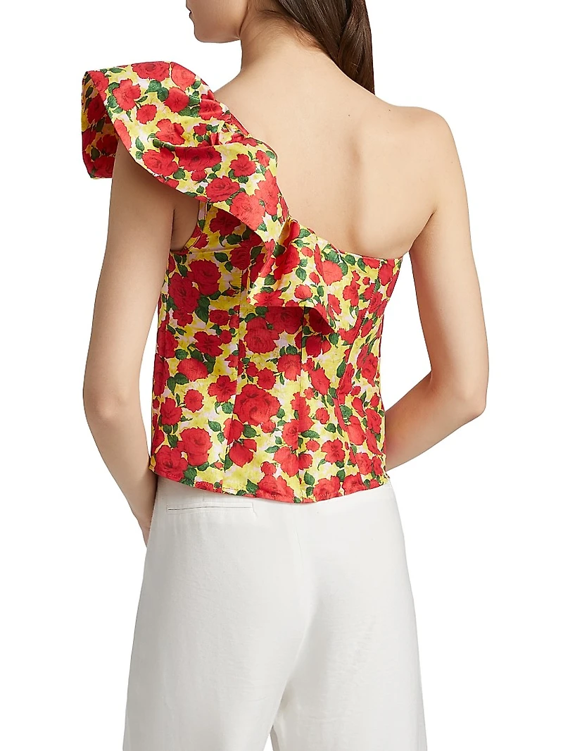 Yazmeen Rose Print Taffeta One-Shoulder Top