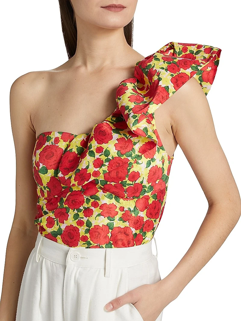 Yazmeen Rose Print Taffeta One-Shoulder Top