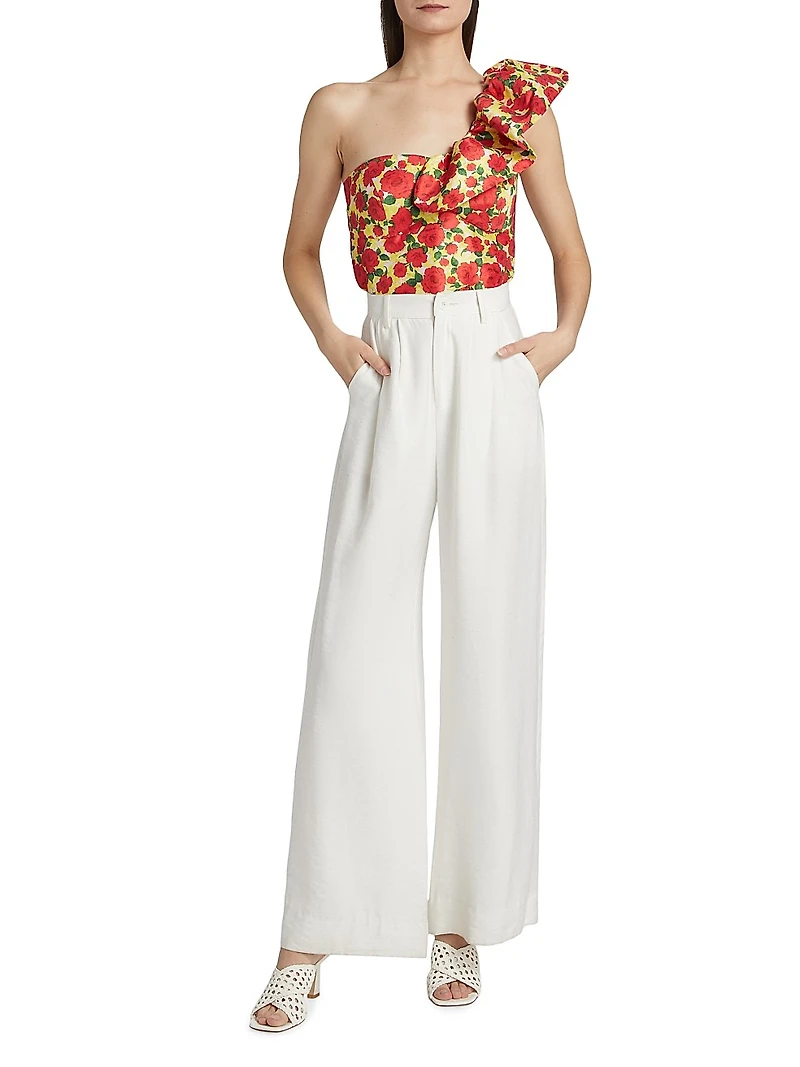 Yazmeen Rose Print Taffeta One-Shoulder Top