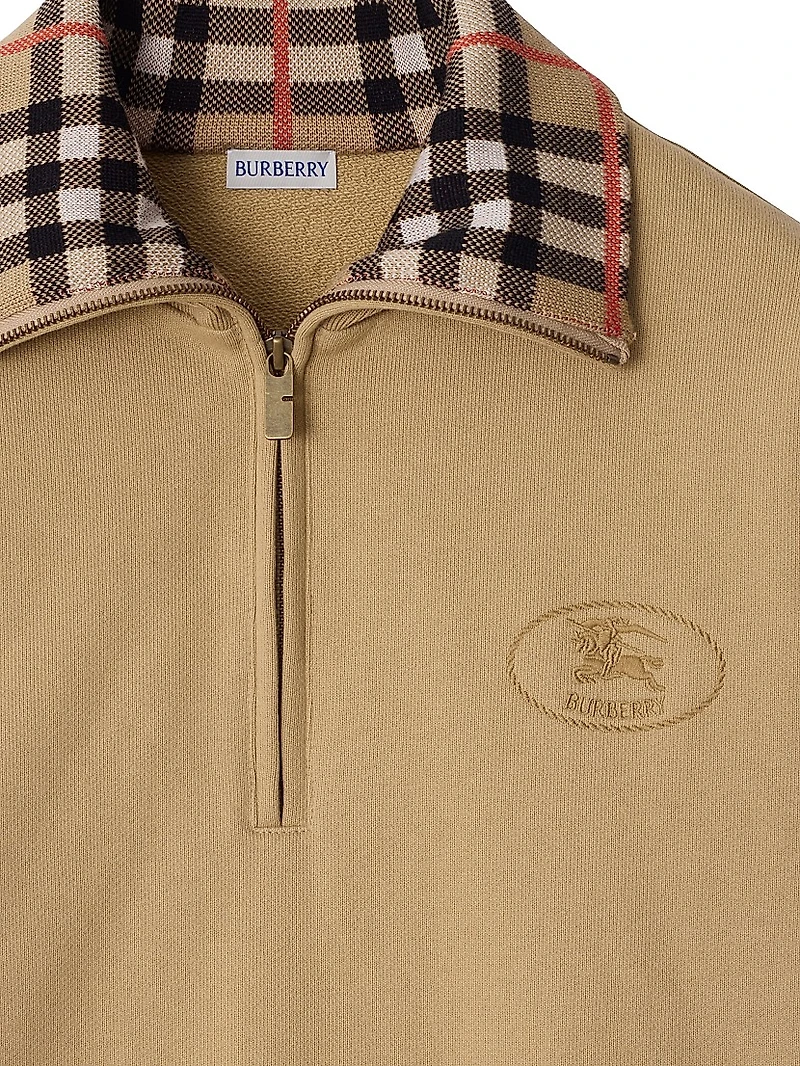 Ray Check Collar Cotton Half-Zip Sweatshirt