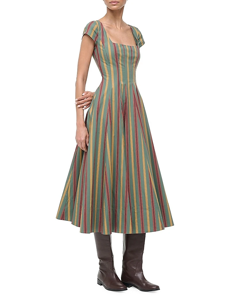 Wells Striped Stretch-Cotton Square-Neck Midi-Dress